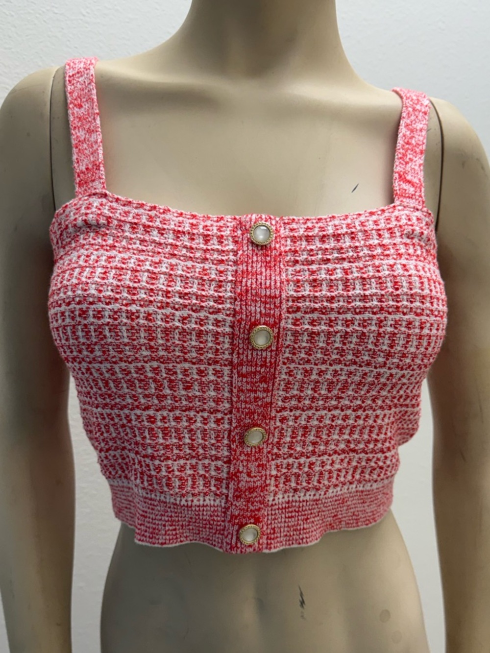 Pink Tweed Knit Cropped Tank with Button Trim